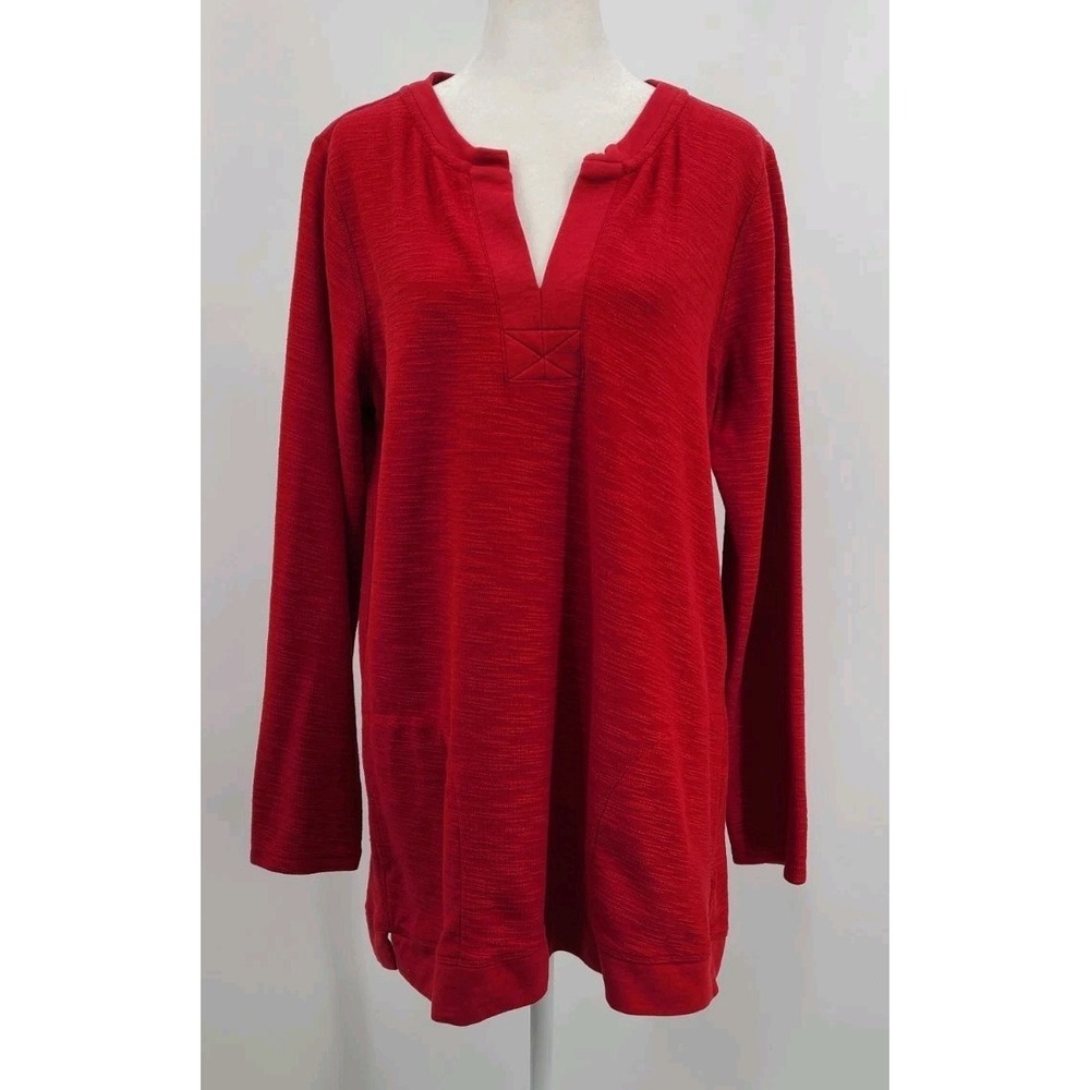 J Jill Longline Coastal Tunic Top Medium Pullover Red USA Beach Relaxed Pockets